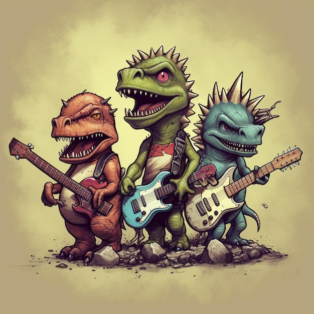 Tres dinosaurios de dibujos animados tocando guitarras y cantando con un ai generativo de guitarra