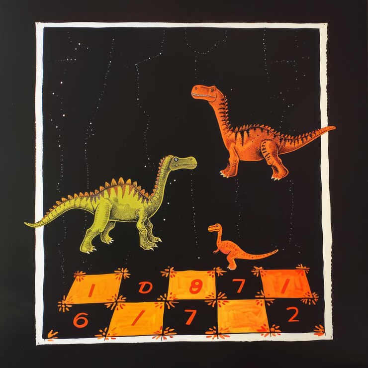 Foto três dinossauros estão em uma plataforma em xadrez com um fundo de céu cheio de estrelas