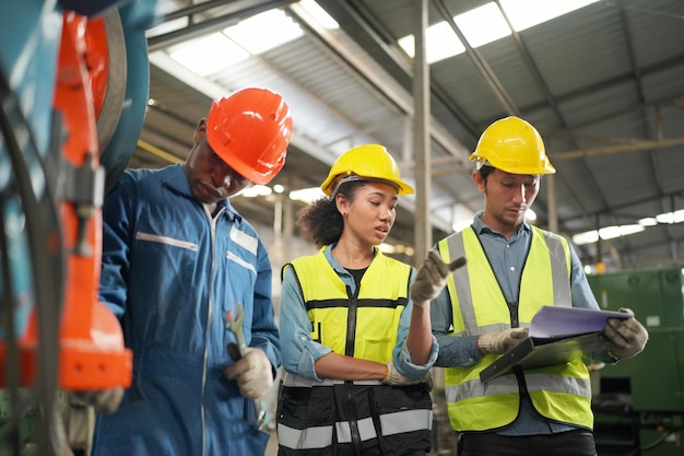 Três diversos engenheiros e trabalhadores multiculturais da indústria pesada em uniforme na fábrica de aço