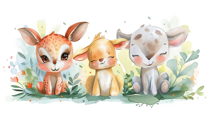 Foto três doces criaturas da floresta de aquarela
