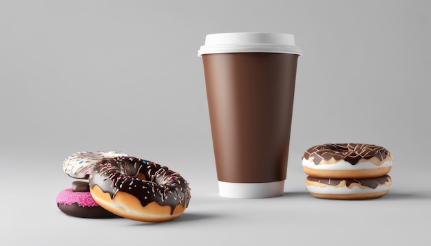 Três donuts e uma chávena de café numa mesa.