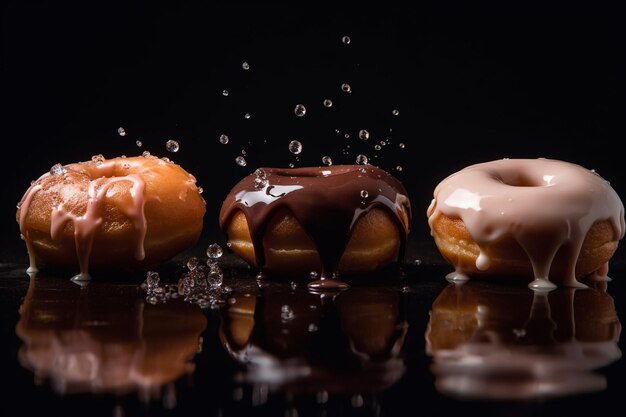 Tres donuts están sobre una mesa negra con un fondo negro.