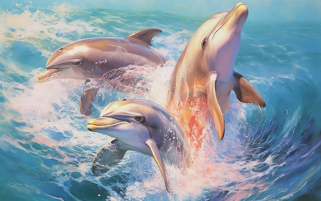 Foto três dos golfinhos nadam no mar