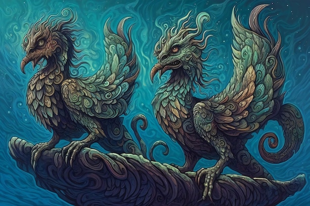 Tres dragones mitológicos sobre una piedra en el mar Ilustración de fantasía
