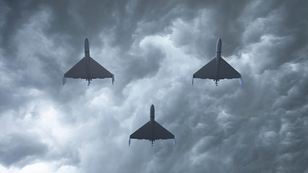 Tres drones Shahed en un cielo nublado Irán conflicto Israel Ucrania Rusia bombardeo