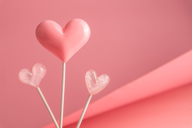 Tres dulces de paleta de forma de corazón de San Valentín rosa sobre fondo de papel pastel vacío Concepto de amor