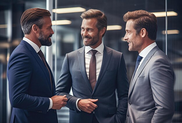 Tres ejecutivos elegantes en una reunión de negocios en una oficina moderna generada por IA