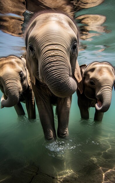 Foto tres elefantes están de pie en el agua con uno de ellos tiene un elefante bebé en el agua