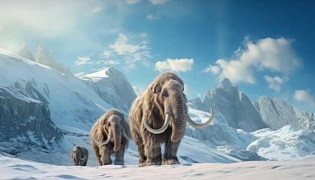 Tres elefantes están de pie en un campo nevado