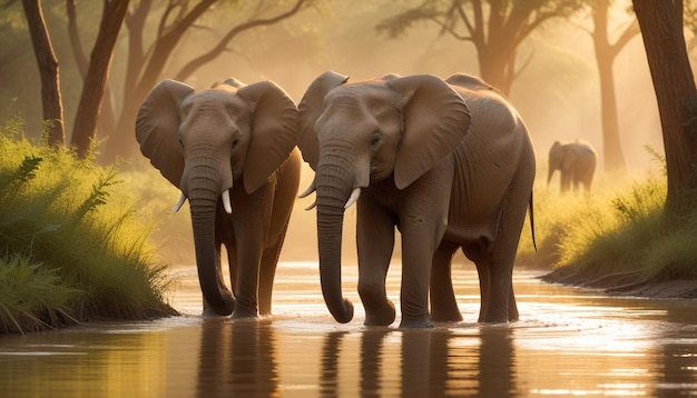 três elefantes estão de pé em uma água com o sol atrás deles