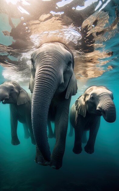 três elefantes estão nadando debaixo d'água com um deles tem uma foto de um bebê elefante