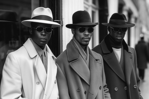 tres elegante elegante hombre negro con sombrero y gafas de sol en una calle de la ciudad en estilo retro de la década de 1970