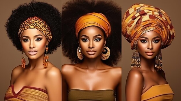 Três elegantes modelos afro-americanas com capacetes tradicionais