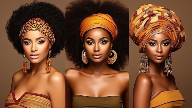 Tres elegantes modelos afroamericanas con los tradicionales pañuelos para la cabeza