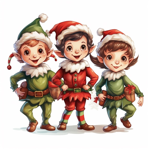 três elfos de desenho animado vestidos com fantasias de natal, um ao lado do outro, IA generativa