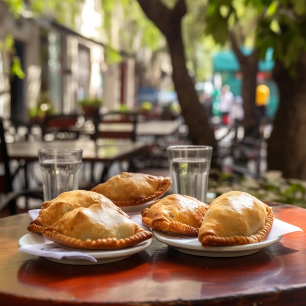 Foto tres empanadas están en los platos.