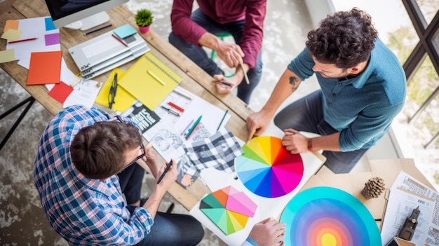 Foto três empresários multiétnicos discutindo amostras de cores em um escritório