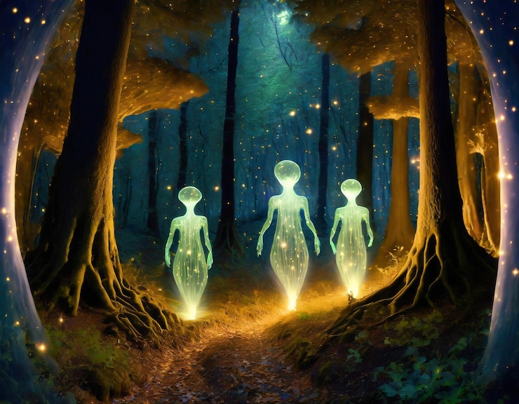 Tres energías espirituales alienígenas translúcidas y brillantes caminando a través de un bosque exuberante