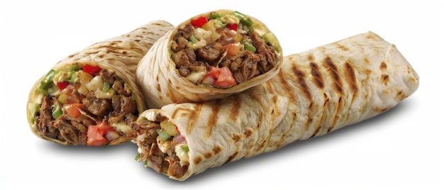 Tres envolturas de shawarma a la parrilla que se encuentran una al lado de la otra mostrando la carne y las verduras asadas dentro de las envolturas se tostan a la perfección revelando una mezcla de rellenos salados