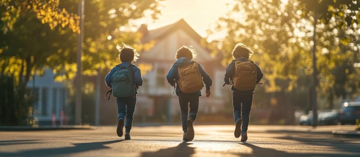Tres escolares que corren a casa después de la escuela