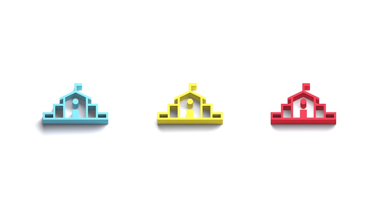 Foto tres escuela azul amarillo rojo colores web símbolo 3d icono regreso a la escuela tema banner