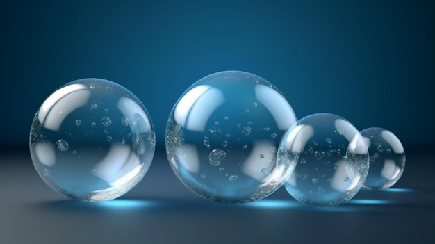 Tres esferas de cristal transparente sobre un fondo azul.
