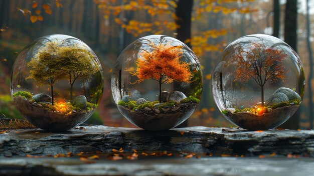 Três esferas de cristal alinhadas uma ao lado da outra contra um fundo natural desfocado refletem uma fase separada da árvore do outono ao inverno