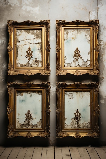 três espelhos com moldura dourada e desenhos ornamentados em uma parede generativa ai
