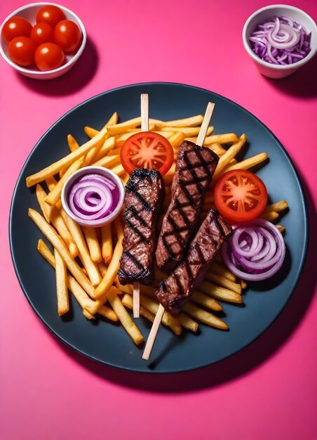 Três espigas de carne grelhada em cima de batatas fritas com um lado de tomates cortados comida e bebida