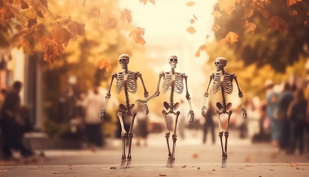 Três esqueletos a caminhar pela rua e a falar de outono.