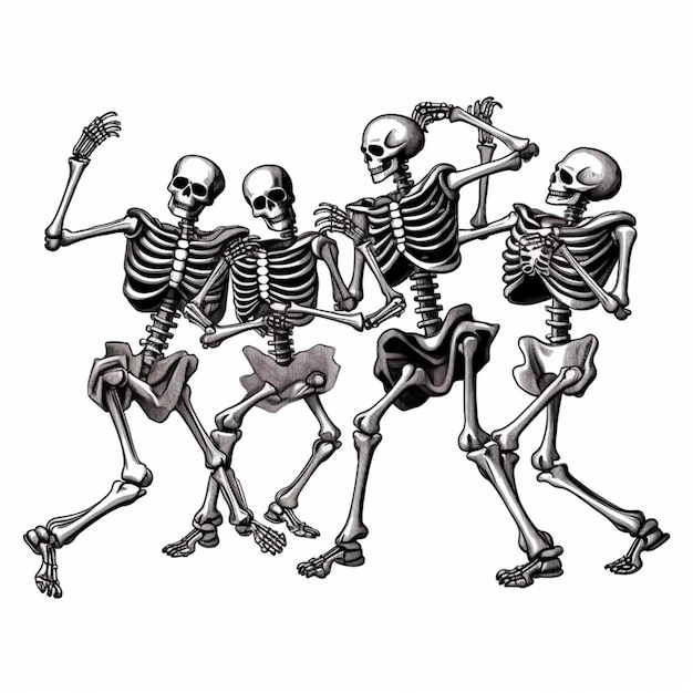 Tres esqueletos bailan y se toman de la mano en una línea generativa ai