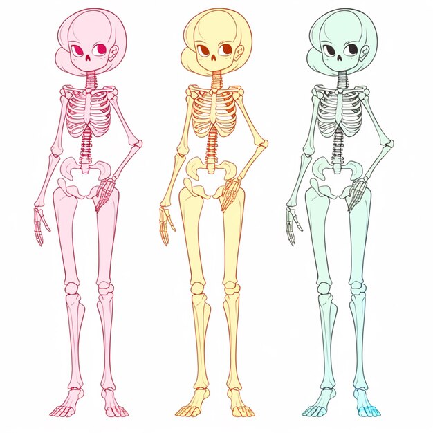 três esqueletos de desenho animado em posições diferentes com partes de cores diferentes