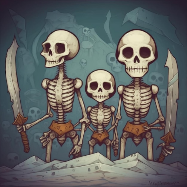 tres esqueletos con espadas y una calavera sobre un fondo azul ai generativo