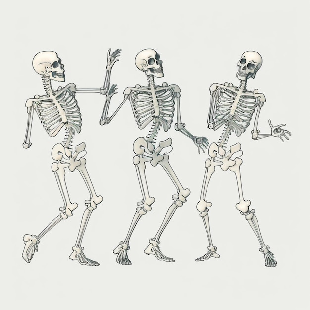 Três esqueletos estão andando e segurando as mãos juntos em uma linha generativa ai