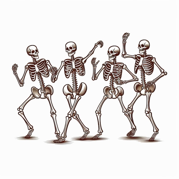 Foto três esqueletos estão dançando e de mãos dadas em uma linha generativa ai
