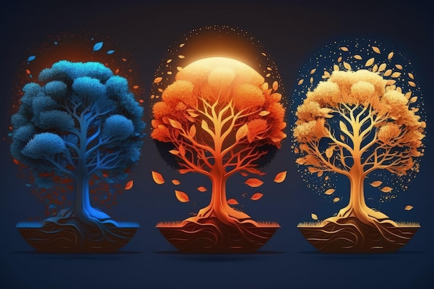 Três estágios de desenvolvimento de árvores na natureza iluminadas por um nascer do sol dourado
