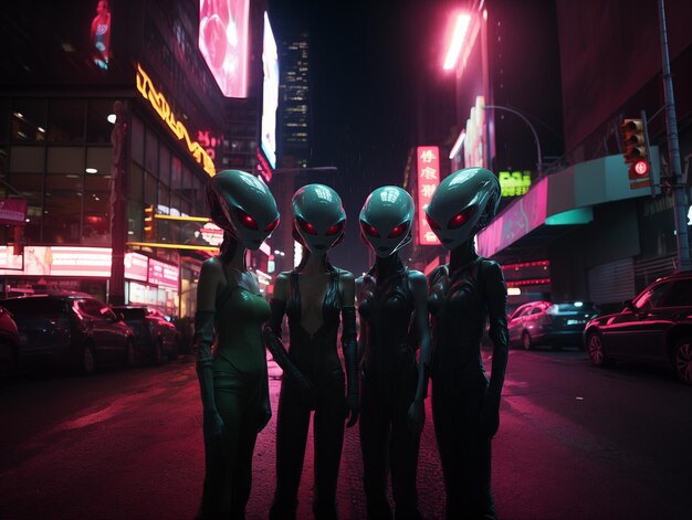 três estátuas alienígenas em pé no meio de uma rua da cidade generativa ai