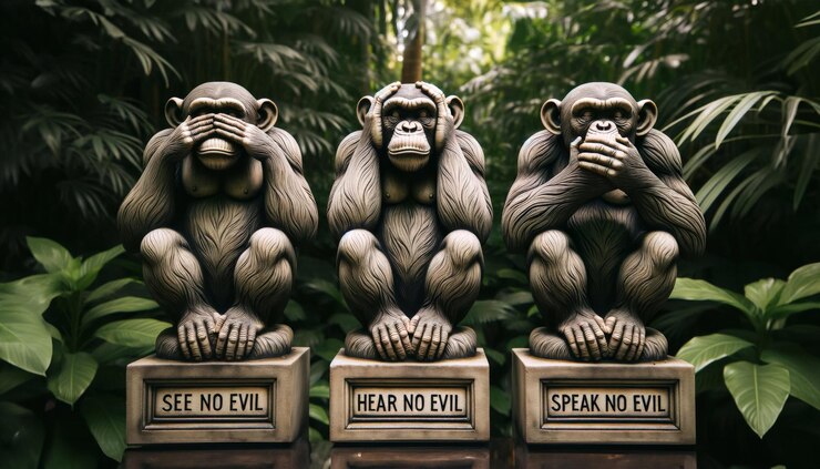 Foto três estátuas de macacos retratando o provérbio ver não mal ouvir não mal falar não mal colocado contra um fundo verde exuberante