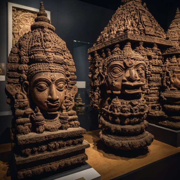 Foto tres estatuas de dos estatuas asiáticas están en exhibición en un museo