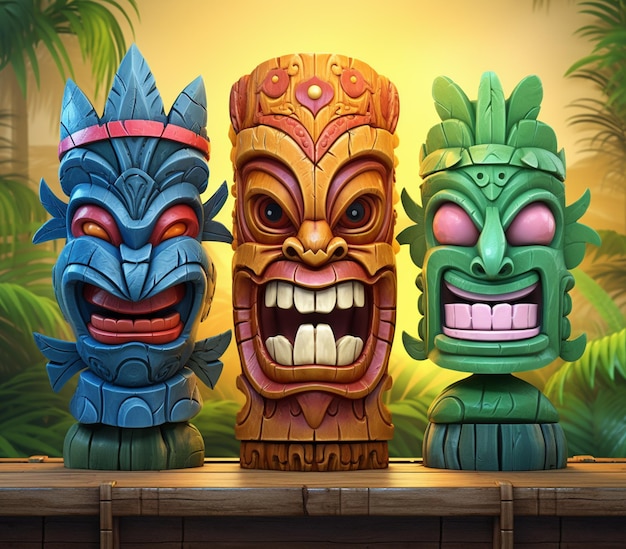 Tres estatuas de tiki coloridas están alineadas en un estante de madera generativo ai