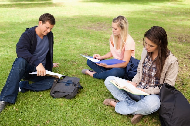 Três, estudantes, estudar, junto