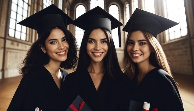 Foto tres estudiantes hispanos celebrando la graduación con gorras y túnicas