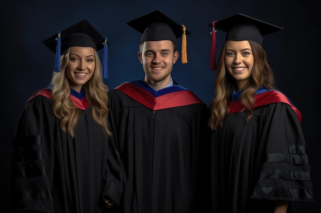 Tres estudiantes con togas y birretes de graduación se paran en fila.