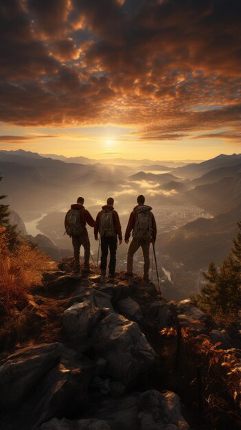 Tres excursionistas de pie en la cima de una montaña al amanecer