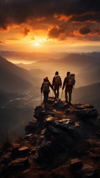 Foto tres excursionistas de pie en la cima de una montaña con vistas a un valle al atardecer