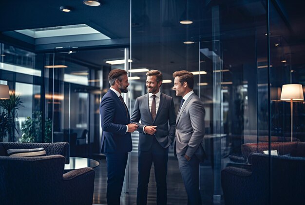 três executivos elegantes em uma reunião de negócios em um escritório moderno gerado por IA