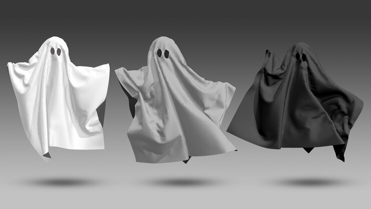 Foto tres fantasmas blanco gris negro sobre un fondo negro representación 3d