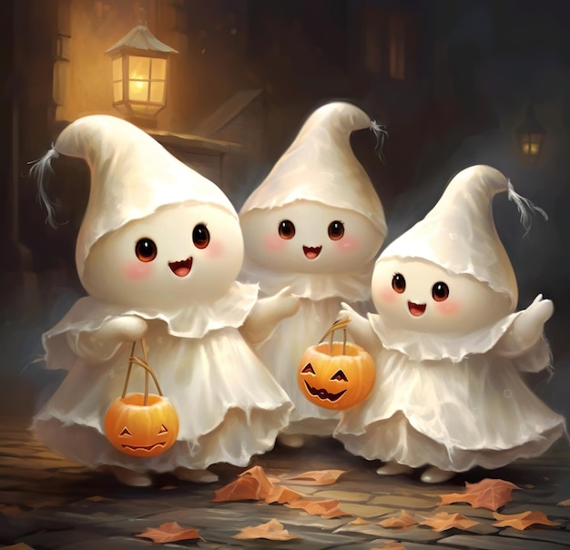 Tres fantasmas blancos con ilustración de calabazas pintadas