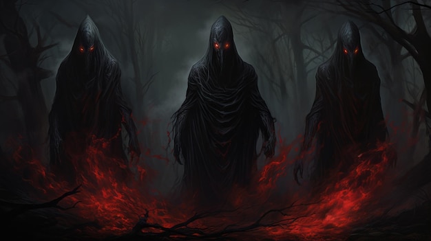Três fantasmas de fumaça preta olhos vermelhos brilhantes floresta encantada escura noite IA generativa