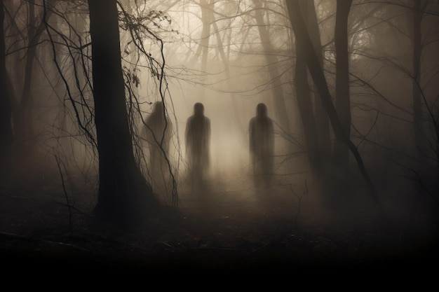Três fantasmas de pé no meio de uma floresta nebulosa